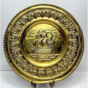 Vtg Peerage Solid Brass Plate Wall Hanging England Nautical Sailing Ship 12.25"